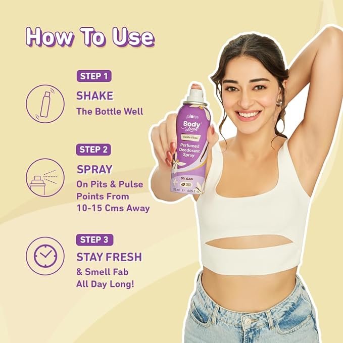 Plum BodyLovin' Vanilla Vibes Perfumed Deodorant Spray | 2x Odor Control Molecules | Anti-bacterial Green Tea Extracts | Warm Vanilla Fragrance | 120 ml