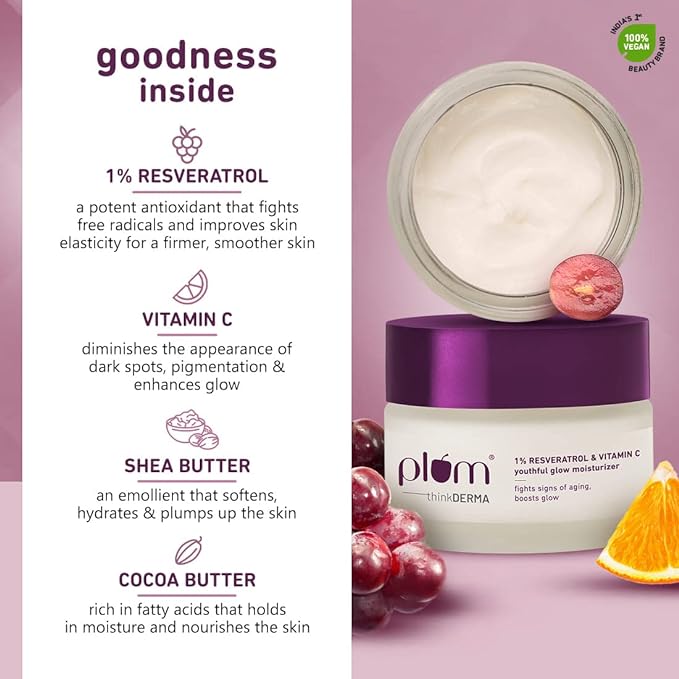 Plum thinkDERMA 1% Resveratrol & Vitamin C Youthful Glow Moisturizer | Fights Signs of Aging | Boosts Glow | All skin-types | Lightweight & Quick-absorbing | 100% Vegan | 50g