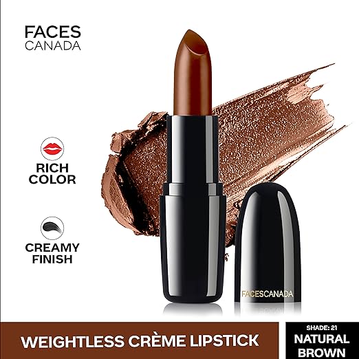 FACESCANADA Weightless Creme Finish Lipstick - Dark Cocoa 18, 4g | Creamy Finish | Silky Smooth Texture | Long Lasting Rich Color | Hydrated Lips | Vitamin E, Jojoba Oil, Shea Butter, Almond Oil