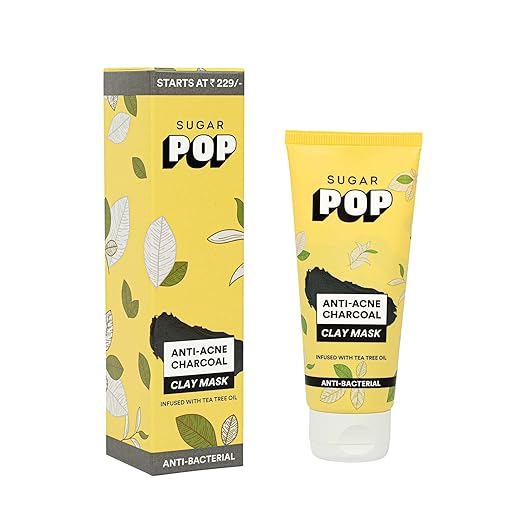 SUGAR POP Anti-acne Charcoal Clay Mask -Enriched with Charcoal Powder , Glycolic Acid, Licorice Root , Tea Tree Oil, Bentonite and Kaolin to treat pimples, oily skin and blackheads l Face mask for women