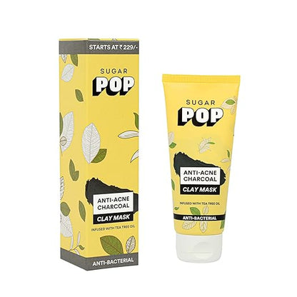 SUGAR POP Anti-acne Charcoal Clay Mask -Enriched with Charcoal Powder , Glycolic Acid, Licorice Root , Tea Tree Oil, Bentonite and Kaolin to treat pimples, oily skin and blackheads l Face mask for women