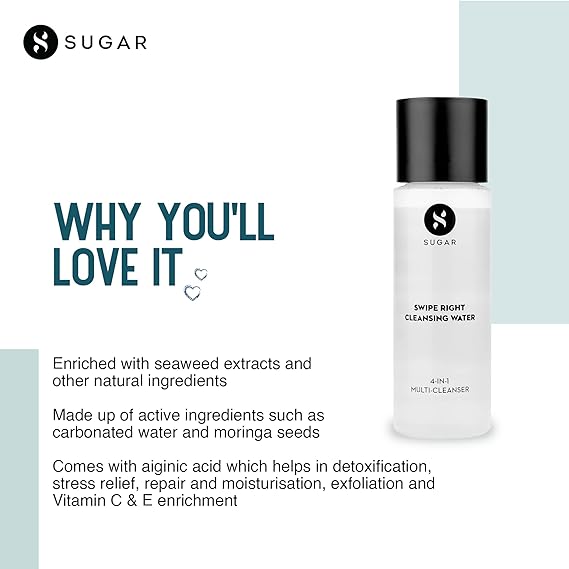 SUGAR Cosmetics - Swipe Right - Cleansing Water - 4-in-1 Cleanser that Cleanses, Exfoliates, Soothes and Moisturises Skin, Paraben-Free And Cruelty-Free