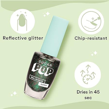 SUGAR POP Nail Lacquers Glitter – 03 Star Glazing (Green Glitter) | Dries in 45 seconds |Chip-resistant | Glossy Finish | High Shine | Glitter Nail Polish for Women