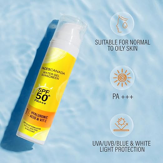 PACK of 2 FACES CANADA Water Gel Sunscreen, 50g | SPF 50 PA+++ | Protects From UVA, UVB & Blue-Light Rays | 1% Hyaluronic Acid & Vitamin C | Lightweight | No White Cast | Natural Radiant Glow| No Alcohol