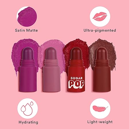 SUGAR POP 4 in 1 Lip Twist - 01 Classic | Multi-use Stackable Lipsticks for Women | Satin Matte Hydrating Formula | 6.4g