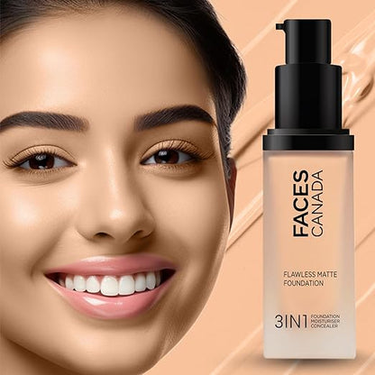 FACES CANADA Flawless Matte Foundation - Absolute Ivory 012, 30 ml | 3-in-1 Foundation + Moisturizer + Concealer | 12 HR Hydration + SPF 18 | Full HD Matte Coverage | Lightweight | Anti Ageing