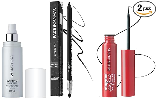 Faces Ultime Pro Makeup Fixer & Faces Canada Magneteyes Eyeliner Black 01 3.5 ml (Black) & Faces Canada Ultime Pro Intense Gel Kajal 1.2 g Includes Sharpener (Black)