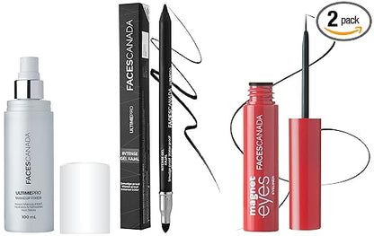 Faces Ultime Pro Makeup Fixer & Faces Canada Magneteyes Eyeliner Black 01 3.5 ml (Black) & Faces Canada Ultime Pro Intense Gel Kajal 1.2 g Includes Sharpener (Black)