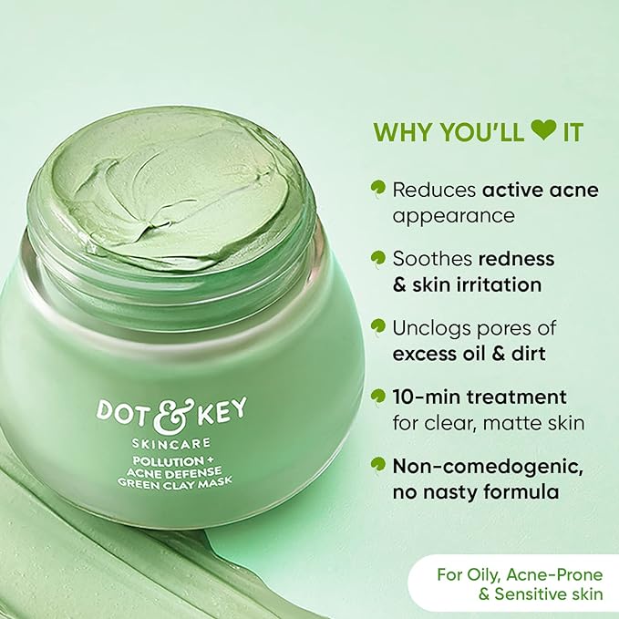 Dot & Key Skin Care Pollution + Acne Defense Green Clay Mask | Clay Mask for Face with Salicylic & Matcha Tea | Reduces Active Acne, Soothes Redness | For Dark Spots, Oily, Acne Prone Skin | 85g