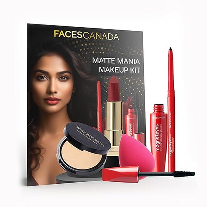 FACES CANADA Matte Mania Makeup Kit - Kajal (0.35g) + Lipstick (4.2g) + Compact (9g) + Mascara (9.5ml) + Beauty Blender | Pack of 5 | Makeup Kit For Women