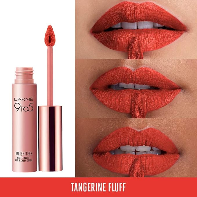 LAKMÉ 9 to 5 Weightless Mousse Lip Color & Cheek Color, Matte Finish - Tangerine Fluff, 9 g