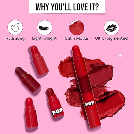 SUGAR POP 4 in 1 Lip Twist - (02 Rouge Delight)| Multi-use Stackable Lipsticks for Women | Satin Matte Hydrating Formula | 6.4g