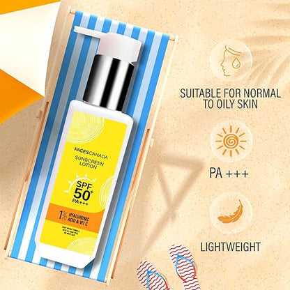 FACES CANADA Sunscreen Lotion, 100ml | SPF 50 PA+++ | Protects From UVA & UVB Rays | 1% Hyaluronic Acid & Vitamin C | Lightweight | No White Cast | Natural Radiant Glow| No Alcohol | No Parabens