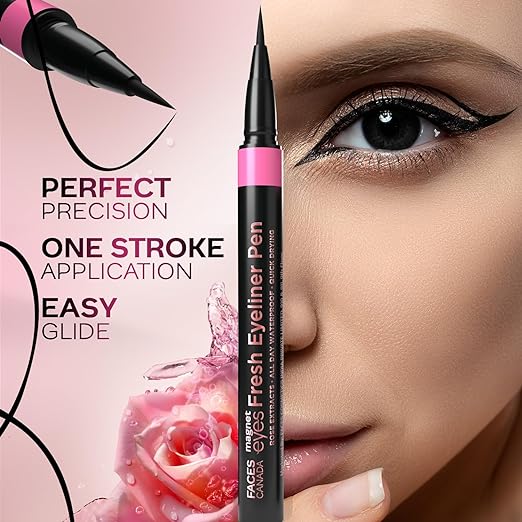 FACES CANADA Magneteyes Fresh Eyeliner Pen - Black, 1ml | All - Day Waterproof & Smudgeproof | Long-Lasting | Intense Color Payoff | Quick Drying & One Stroke Application | Rose Extract