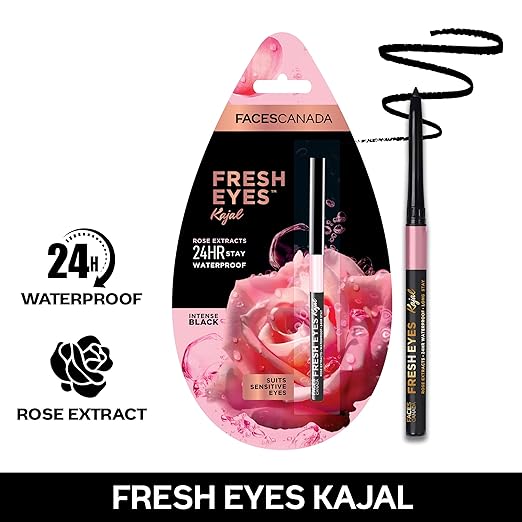 FACESCANADA Fresh Eyes Kajal 0.35g | With Rose Extracts | 24HR Waterproof | Suits Sensitive Eyes | Intense Black Matte Finish | Soothes & Cools | Refreshes Tired Eyes | Gentle | Smudgeproof | Vegan