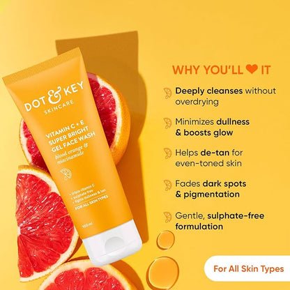 Dot & Key Vitamin C + E Super Bright Gel Face Wash for Glowing and Brightening Skin | All Skin Types | With Triple Vitamin C, Fades Dark Spots & Pigmentation | Reduces Skin Dullness & Tan | Face Wash for Women & Men |100 ml