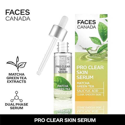 FACES CANADA Pro Clear Skin Serum, 27 ml | Matcha Green Tea & Salicylic Acid | Biphasic Face Serum | Nourishes & Soothes For Clear, Radiant & Acne-Free Skin | Helps Reduce Redness & Unclogs Pores