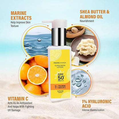 FACES CANADA Sunscreen Lotion, 100ml | SPF 50 PA+++ | Protects From UVA & UVB Rays | 1% Hyaluronic Acid & Vitamin C | Lightweight | No White Cast | Natural Radiant Glow| No Alcohol | No Parabens