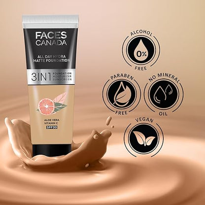 FACES CANADA All Day Hydra Matte Foundation - Mini | 3-in-1 Foundation + Moisturizer + SPF 30 | 24 HR Aloe Hydration & Vitamin C | 10HR Long Wear | Medium to High Buildable Coverage | Warm Sand,15ml