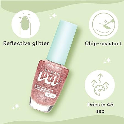 SUGAR POP Nail Lacquers Glitter – 01 Rose Quartz (Pink Glitter) | Dries in 45 seconds |Chip-resistant | Glossy Finish | High Shine | Glitter Nail Polish for Women