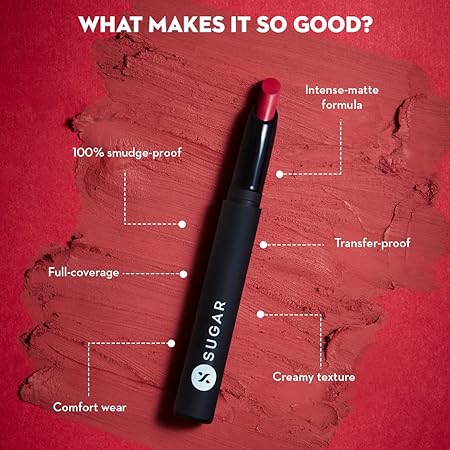 SUGAR Cosmetics Matte Attack Lipstick for Women | Transferproof & Smudgeproof | Lasts upto 12hrs | Enriched With Jojoba Oil | 2gm - Red Zeppelin