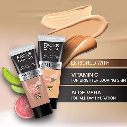 FACES CANADA All Day Hydra Matte Foundation - Mini | 3-in-1 Foundation + Moisturizer + SPF 30 | 24 HR Aloe Hydration & Vitamin C | 10HR Long Wear | Medium to High Buildable Coverage | Warm Natural, 15ml