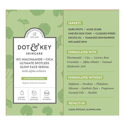 Dot & Key 10% Niacinamide + Cica Serum | Reduces Acne & Dark Spots | Niacinamide Serum | Controls Excess Oil, Quick Absorbing, & Lightweight | For Oily, Acne Prone & Sensitive Skin | 20ml