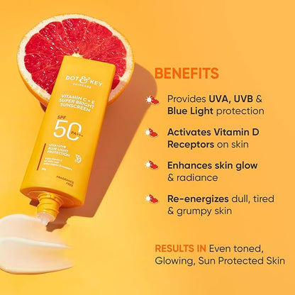 Dot & Key Vitamin C + E Super Bright Sunscreen SPF 50 | Water-Light, UVA/UVB & Blue Light Protection | For Even Toned & Glowing Skin | With Liquid SPF 50+++ | No White Cast, | For All Skin Types | 50g