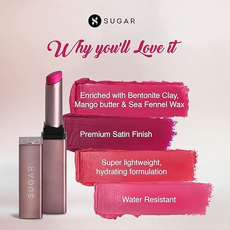 SUGAR Cosmetics - Mettle - Satin Lipstick - 01 Sophie (Bright Fuchsia Pink) - 2.2 gms - Waterproof, Longlasting Lipstick for a Silky and Creamy Finish, Lasts Up to 8 hours