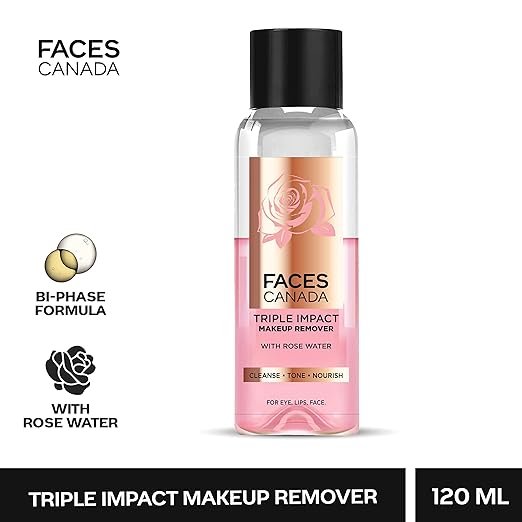 FACES CANADA Triple Impact Makeup Remover, 120 ml | With Rose Water | 3-IN-1 Cleanse, Tone & Nourish | Deep Cleanses & Removes Makeup For Eyes, Lips & Face | Bi-Phasic Formula