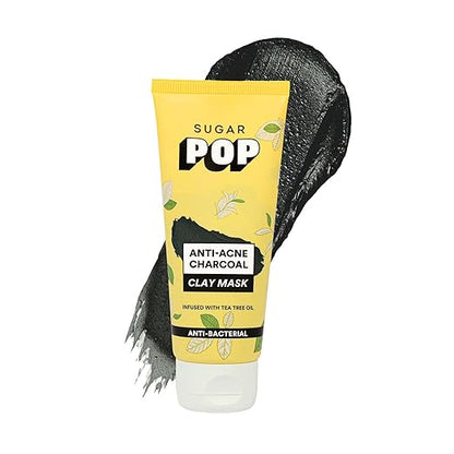 SUGAR POP Anti-acne Charcoal Clay Mask -Enriched with Charcoal Powder , Glycolic Acid, Licorice Root , Tea Tree Oil, Bentonite and Kaolin to treat pimples, oily skin and blackheads l Face mask for women