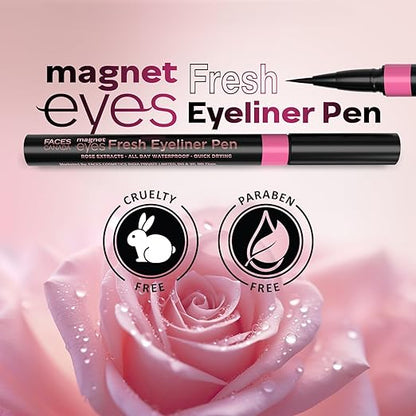 FACES CANADA Magneteyes Fresh Eyeliner Pen - Black, 1ml | All - Day Waterproof & Smudgeproof | Long-Lasting | Intense Color Payoff | Quick Drying & One Stroke Application | Rose Extract