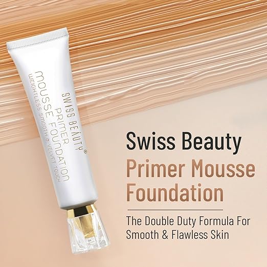 Swiss Beauty Primer Mousse Foundation Weightless Smooth and Velvet Touch, Matte to Radiant Finish, Face MakeUp, Natural-Nude, 40ml