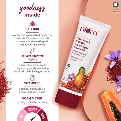 PACK OF 2 Plum Saffron & Papaya Glow Bright Face Wash | Enhances Glow & Brightens Skin | With Vitamin B5 | Fights Dull Skin | Non-Drying, Gel-Based, Sulphate-Free Face Wash | For All Skin Types | 100% Vegan