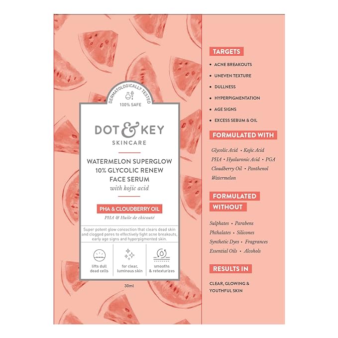 Dot & Key Watermelon 10% Glycolic Serum for Face Glowing, With KojicI | Targets Pigmentation & Dark Spots | Targets Dullness, Uneven Texture, Sebum & Excess Oil | Serum For Oily & Normal Skin | 30ml