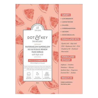 Dot & Key Watermelon 10% Glycolic Serum for Face Glowing, With KojicI | Targets Pigmentation & Dark Spots | Targets Dullness, Uneven Texture, Sebum & Excess Oil | Serum For Oily & Normal Skin | 30ml