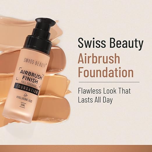 Swiss Beauty Airbrush Finish Lightweight Foundation | Full Coverage Blendable Foundation For Face Makeup |With Benefits Of Hyaluronic Acid, Aloevera And Vitamin E | 30Ml | Shade- Caramel Beige