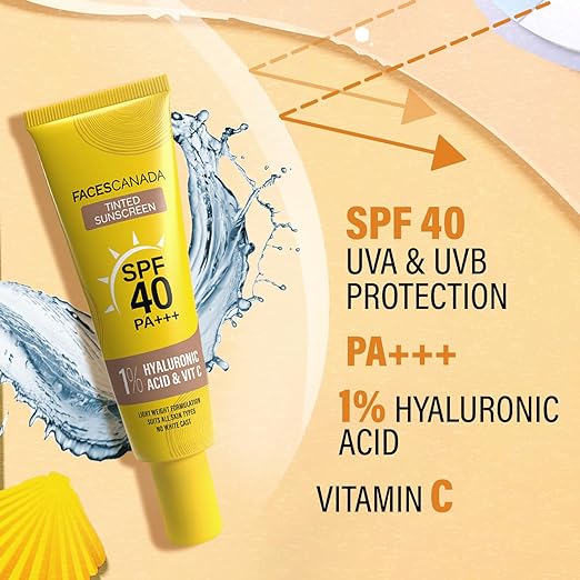 FACES CANADA Tinted Sunscreen, 30g | SPF 40 PA+++ | Protects From UVA, UVB & Blue-Light Rays | 1% Hyaluronic Acid & Vitamin C | Lightweight | No White Cast | No Alcohol | No Parabens