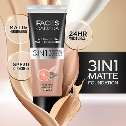 FACES CANADA All Day Hydra Matte Foundation - Mini | 3-in-1 Foundation + Moisturizer + SPF 30 | 24 HR Aloe Hydration & Vitamin C | 10HR Long Wear | Medium to High Buildable Coverage | Warm Sand,15ml