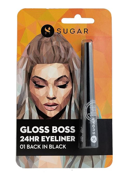 SUGAR Cosmetics - Gloss Boss - 24HR Eyeliner - 01 Back In Black (Black Eyeliner) - Glossy Eyeliner With Brush, Smudge Proof, Party-Wear Eye Liner, Lasts Up to 24 hours, Glossy Finish