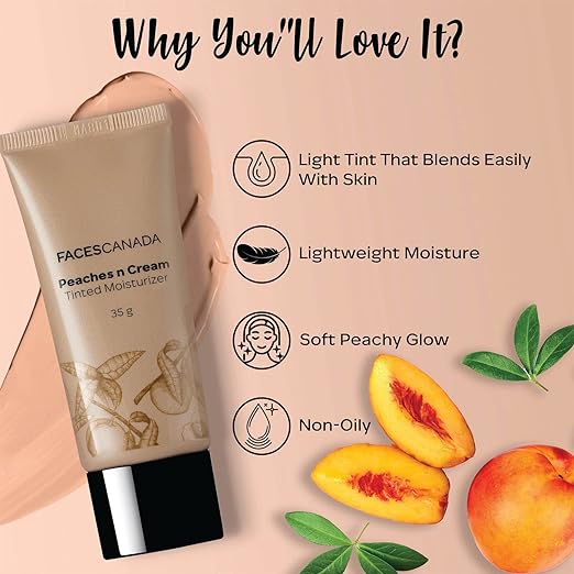 FACES CANADA Peaches N Cream Tinted Moisturizer - Light 01, 35 g | Soft Peachy, Natural Glow | Lightly Tinted BB Cream | Non Oily Lightweight Gel Formula | Blends Easily | Suitable For All Skin Types