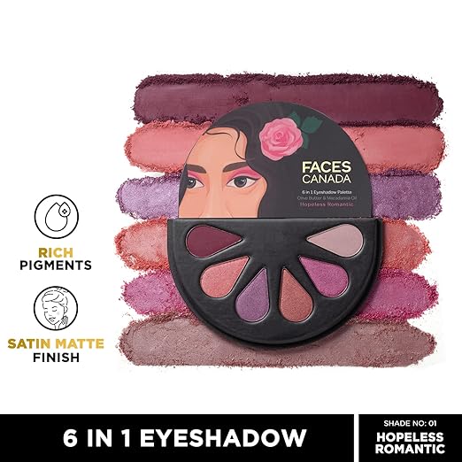 FACESCANADA 6 in 1 Eyeshadow Palette - Hopeless Romantic 01, 6g | Olive Butter & Macadamia Oil | Vibrant Colors | Highly Pigmented | Easily Blendable | Silky Satin Texture | No Crease | Cruelty-Free