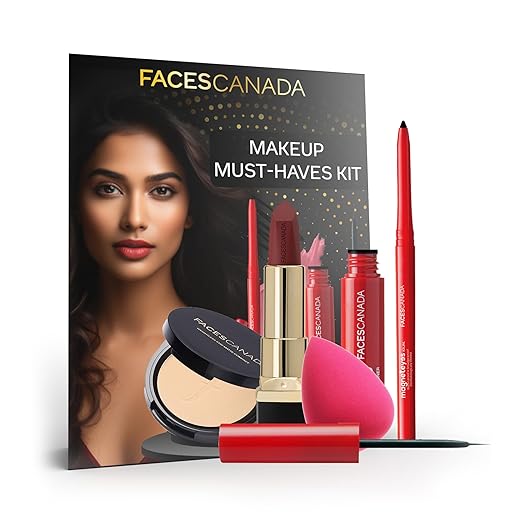 FACES CANADA Makeup Must-Haves Kit - Kajal (0.35g) + Lipstick (4.2g) + Compact (9g) + Eyeliner (3.5ml) + Beauty Blender | Pack of 5 | Makeup Kit For Women