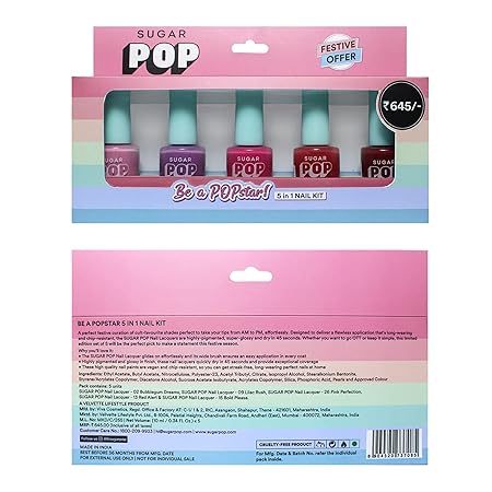 SUGAR POP 'Be A Popstar' 5 In 1 Nail Kit, 02 Bubblegum Dreams, 09 Lilac Rush, 26 Pink Perfection, 13 Red Alert & 15 Bold Please, Quick Drying & Long-Lasting, Glossy Finish For Women, 10ml