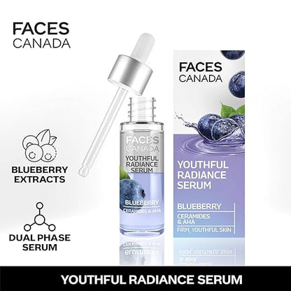 FACES CANADA Youthful Radiance Serum, 27 ml | Blueberry, AHA & Ceramides | Biphasic Face Serum | Anti-Ageing | Brightens, Hydrates, Moisturizes For Younger-Looking, Radiant Skin