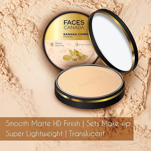 FACESCANADA Banana Compact Powder 9g | 8HR Oil Control Complexion Enhancer | Smooth Matte HD Finish | Lightweight Translucent Powder Sets Makeup | Blurs & Conceals | Radiant Flawless Skin | Vitamin C