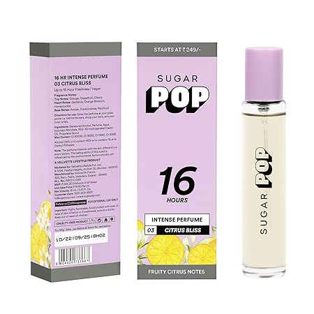 SUGAR POP 16 HR Intense Perfume-03 Citrus Bliss | floral-fruity Notes | Pocket Perfume | Upto 16 Hour Freshness | Hypoallergenic | Skin Friendly | 15ml