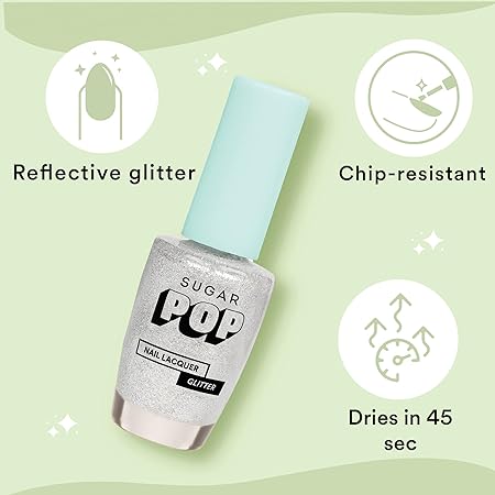 SUGAR POP Nail Lacquers Glitter – 04 Diamonds & Pearls (Silver Glitter) | Dries in 45 seconds |Chip-resistant | Glossy Finish | High Shine | Glitter Nail Polish for Women