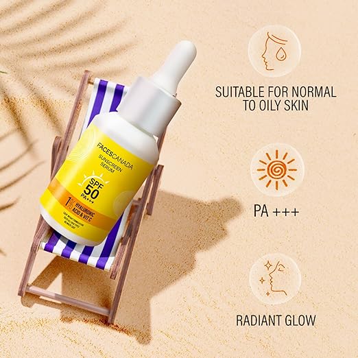 FACES CANADA Sunscreen Serum, 30ml | SPF 50 PA+++ | Protects From UVA & UVB Rays | 1% Hyaluronic Acid & Vitamin C | Lightweight | No White Cast | Natural Radiant Glow| No Alcohol | No Parabens