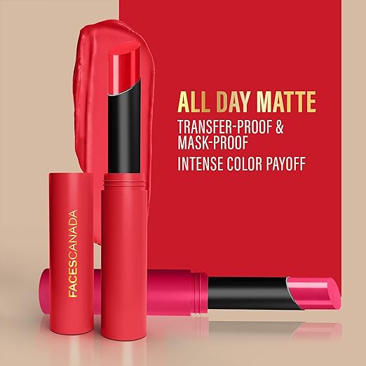 FACESCANADA Long Stay 3-in-1 Matte Lipstick - Romantic Maroon 01, 2g | 8HR Longstay | Transfer Proof | Moisturizing | Chamomile & Shea Butter | Primer-Infused | Lightweight | Intense Color Payoff